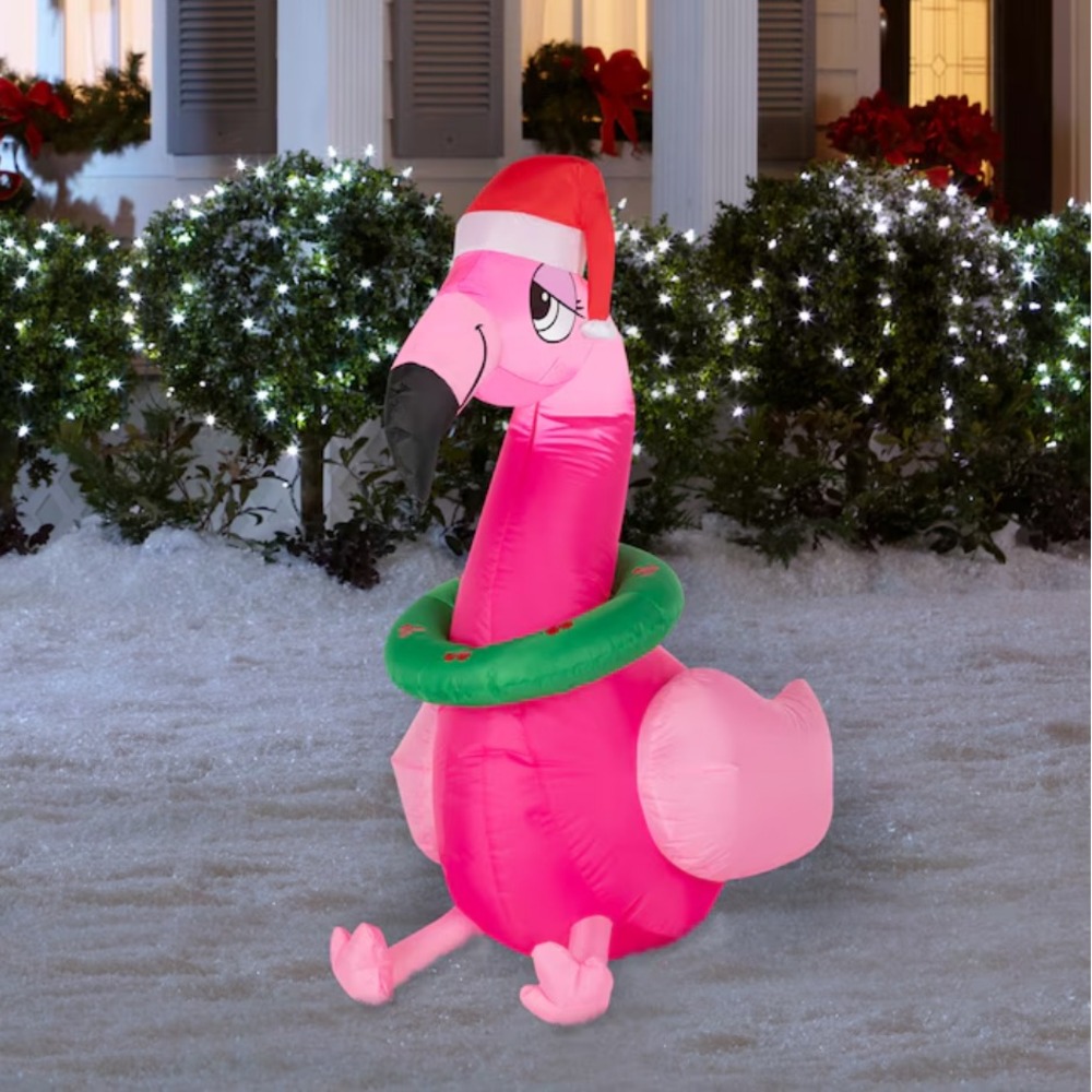 Holiday Living Christmas Flamingo Inflatable Pink Santa Hat Wreath LED Lighted